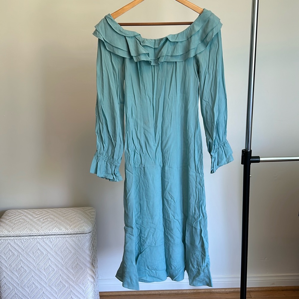 & Other Stories Seafoam Green Midi Dress with Ruffle Neckline